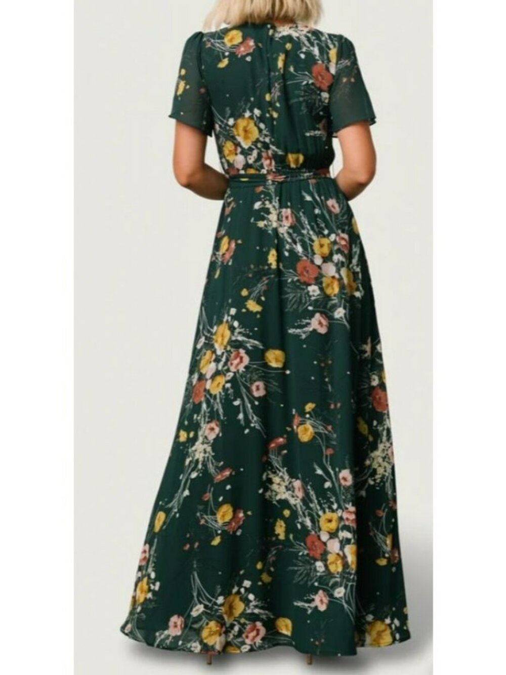Baltic Born Green Floral Maxi Dress With Short Flutter Sleeve & Tie Waist Size L - Picture 15 of 15